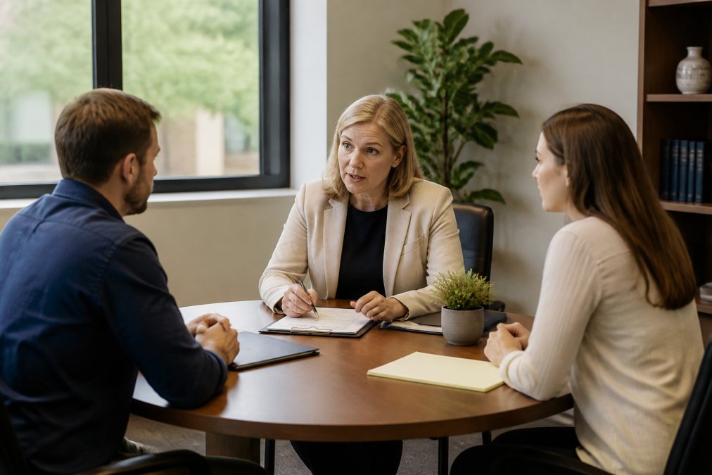 A calm, neutral office setting with two people sitting across from a mediator at a round table, papers and a laptop visible, soft natural light conveying a cooperative atmosphere