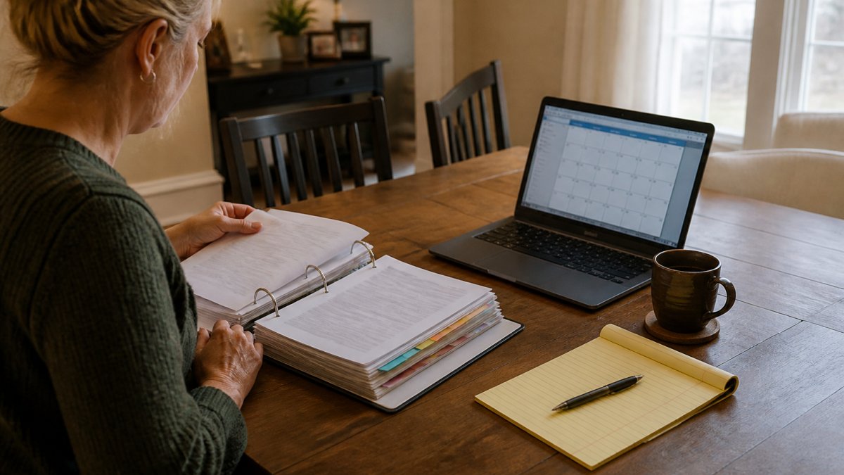 A person at a dining table organizing a thick binder of documents with labeled tabs, a laptop open to a calendar, and a pen and notepad nearby in a calm home setting