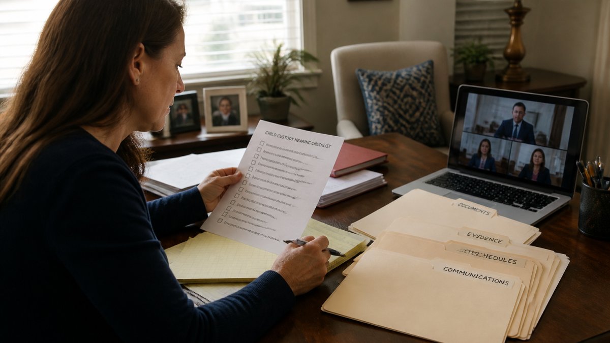 A parent sitting at a wooden table reviewing a printed checklist and organizing documents into labeled folders, with a laptop open showing a video hearing screen and a pen in hand, in a calm home office with soft afternoon light