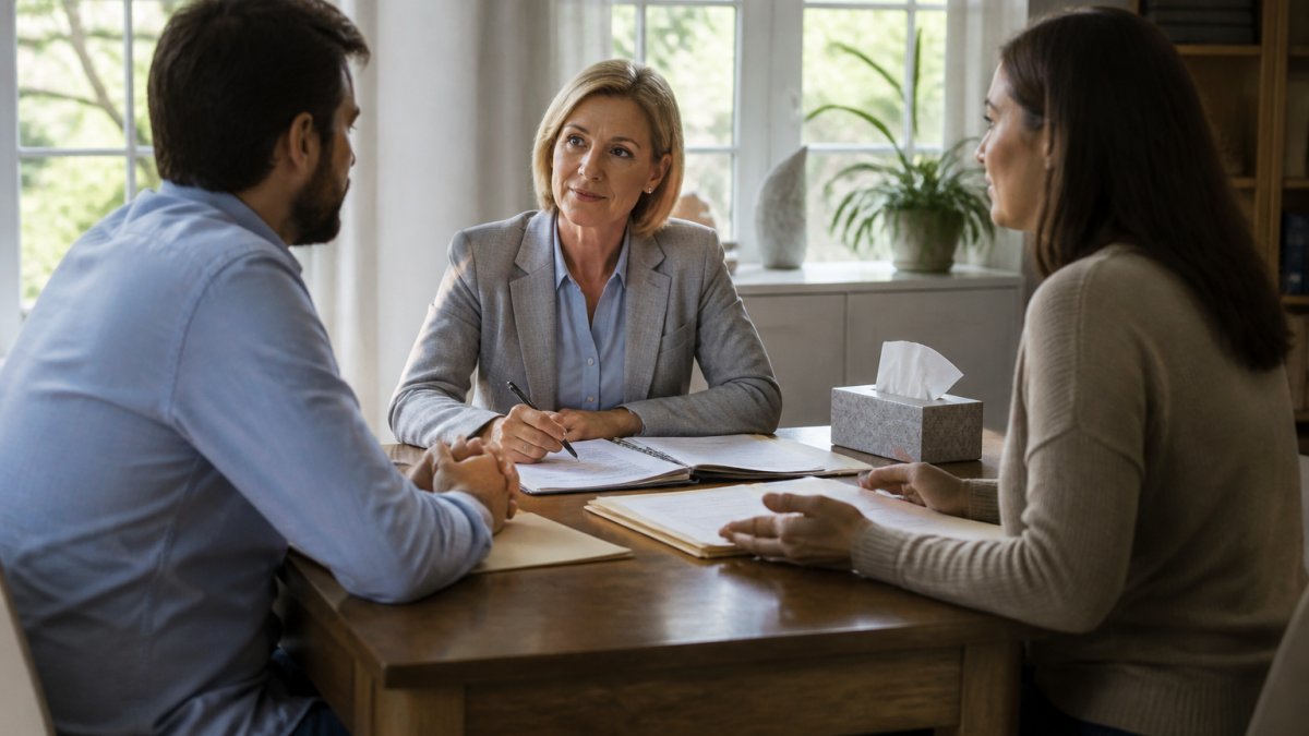 Infographic flowchart detailing the family law mediation process during a calm professional consultation.