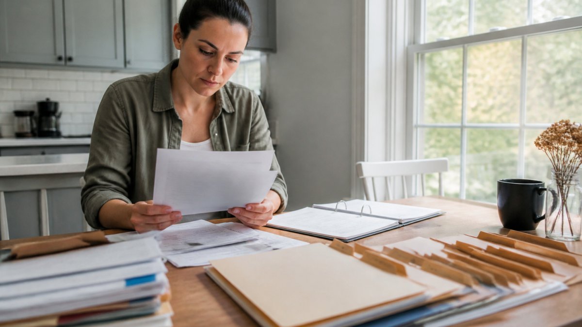 A person at a kitchen table sorting financial documents into labeled folders with a laptop open nearby, natural window light