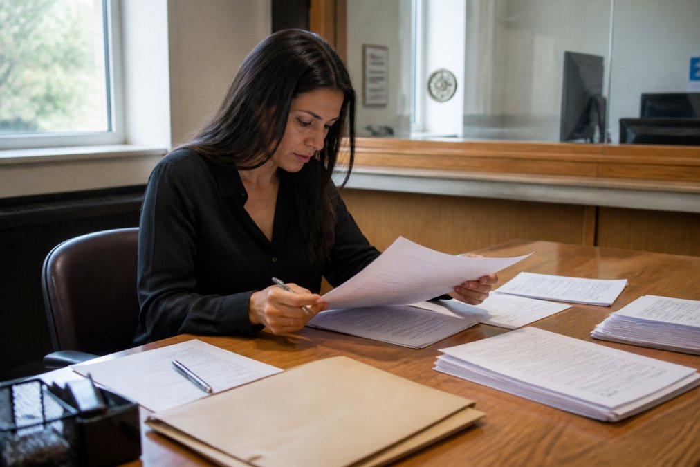 A person sitting at a wooden desk in a courthouse clerk's office, reviewing a stack of legal forms with a pen in hand, soft natural light from a nearby window