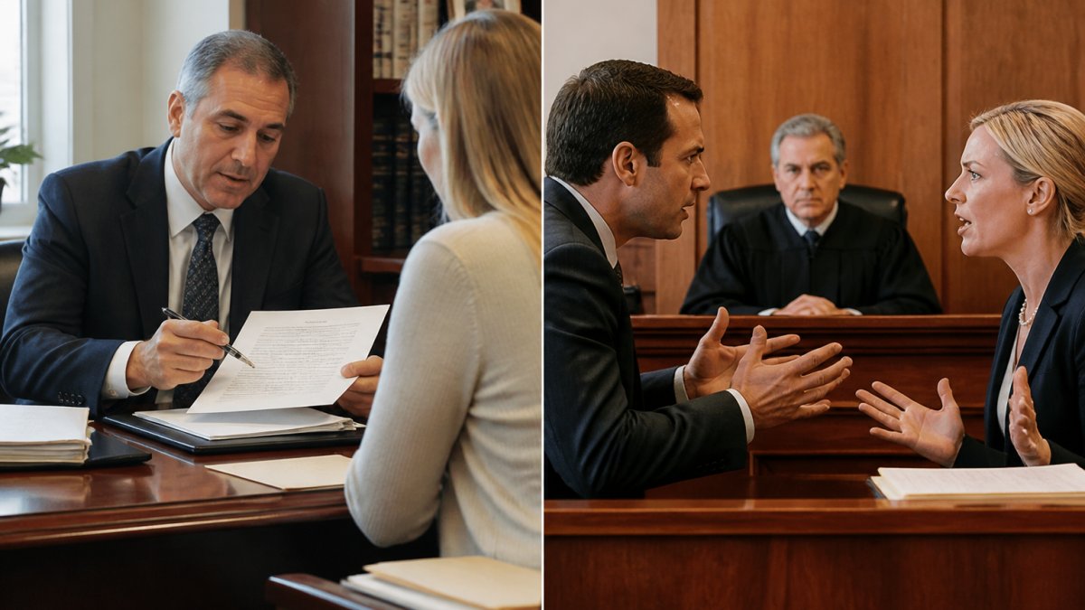 Professional family law attorney meeting with a client at a desk in a law office, reviewing divorce documents and discussing mediation options with natural lighting