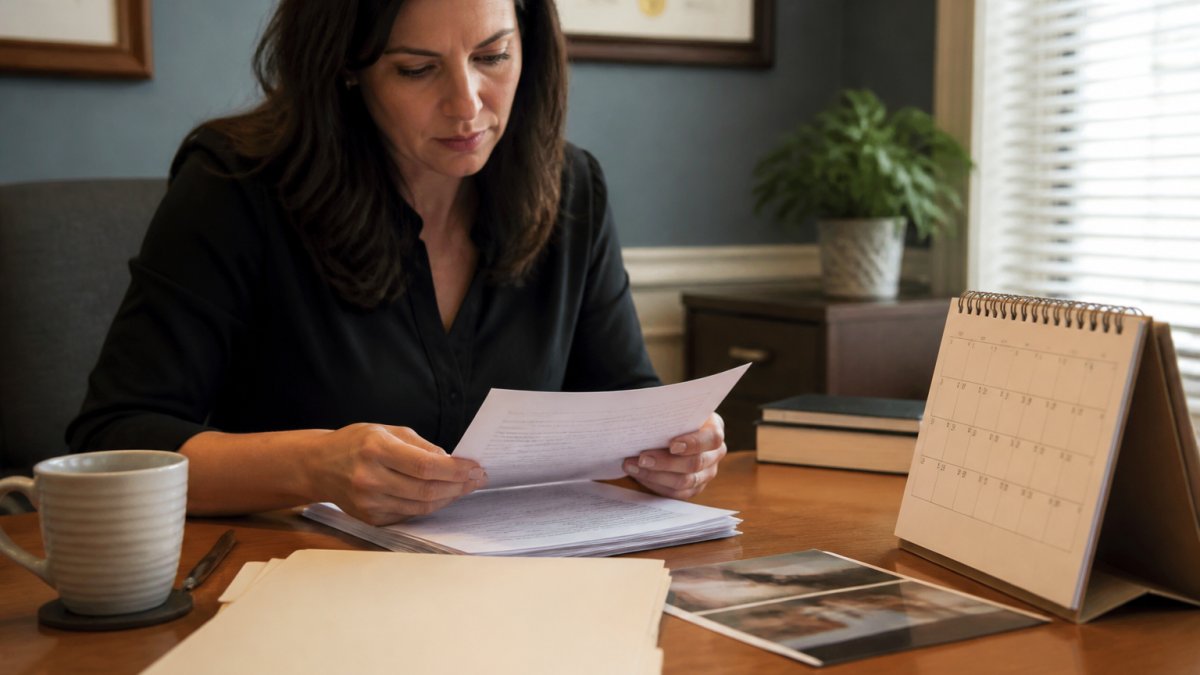 Person reviewing legal documents and residency proof to meet Maryland divorce residency requirements at a desk