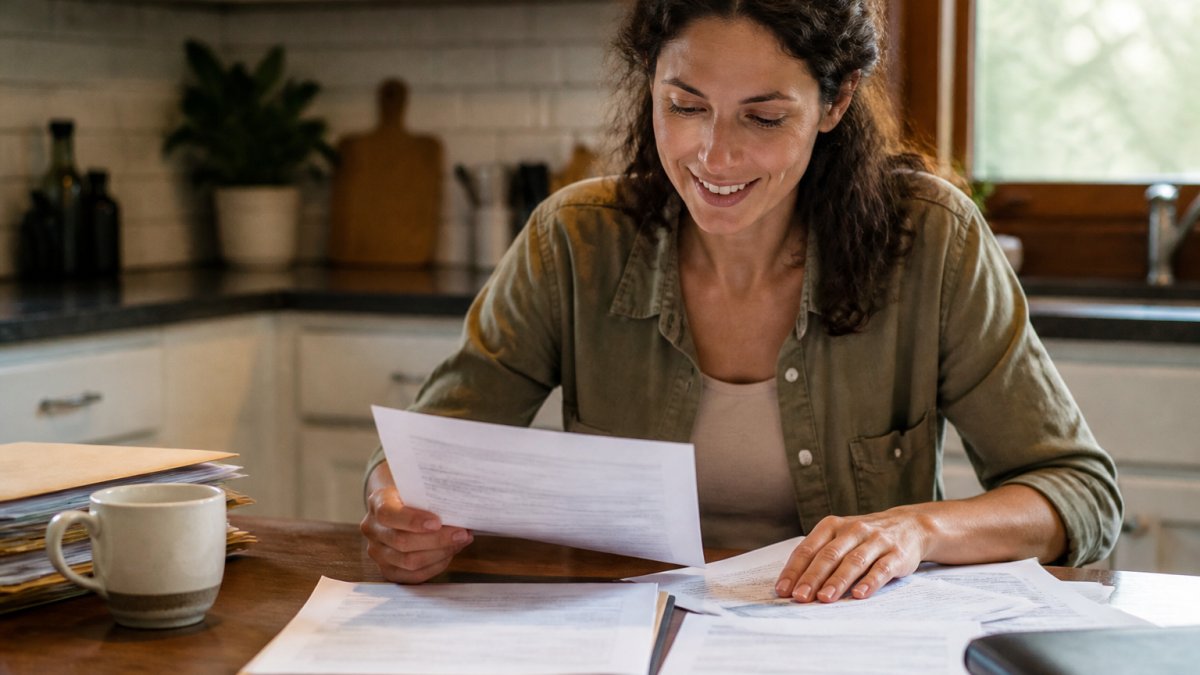 A woman sitting at a kitchen table reviewing legal documents and a laptop, looking relieved as she reviews options on a legal aid website, with a cup of coffee nearby