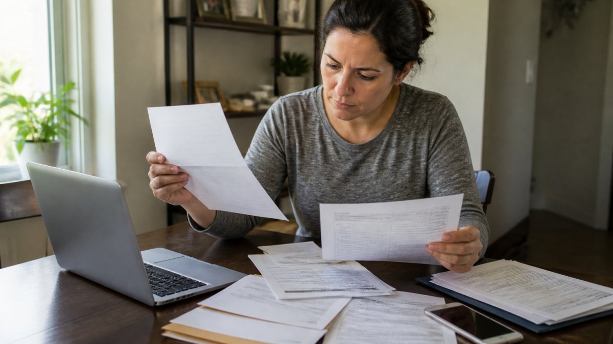 Parent reviewing child support documentation at desk with laptop, phone, and papers spread out showing administrative records and enforcement notices