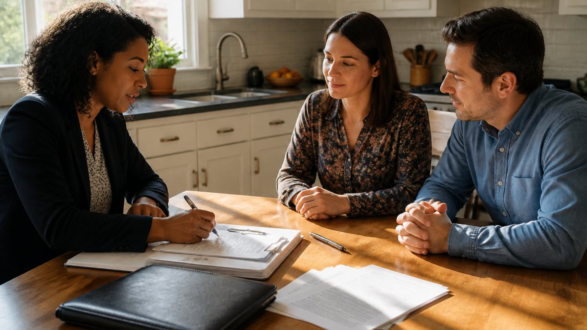 A social worker sitting at a kitchen table with a couple, reviewing documents and taking notes during a home visit, warm afternoon light through the window