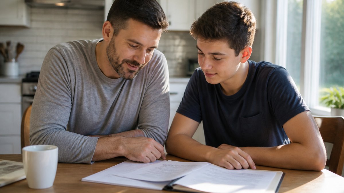 A stepparent and stepchild sitting side by side at a kitchen table reviewing paperwork together, warm afternoon light through the window, hands resting near a folder of documents