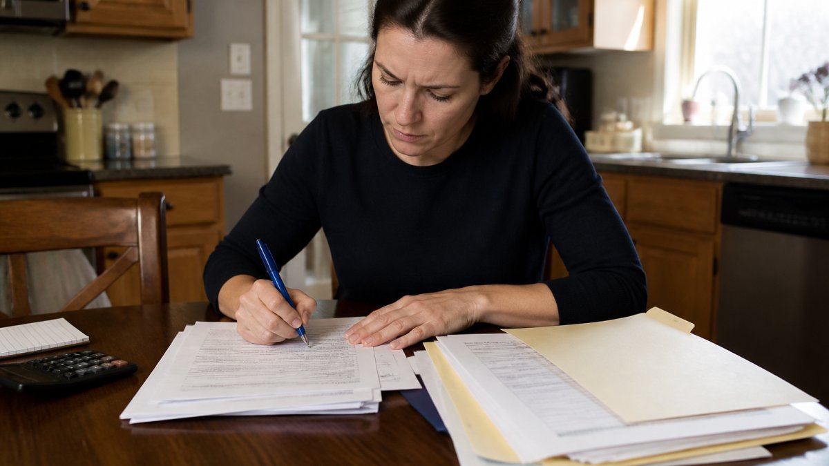 A parent sitting at a kitchen table with court forms, a pen, and a folder of financial documents, carefully filling out paperwork
