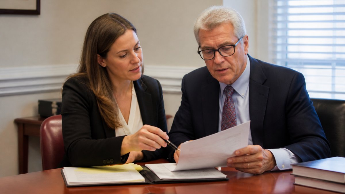 Two professionals reviewing legal documents together at a desk in a law office, one explaining paperwork to the other in natural office lighting