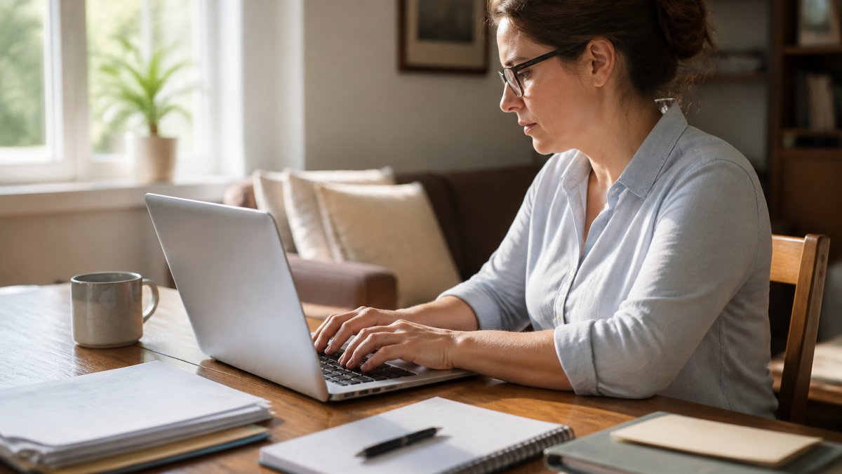 Person at a desk completing Maryland divorce forms online with documents and a coffee cup in morning light