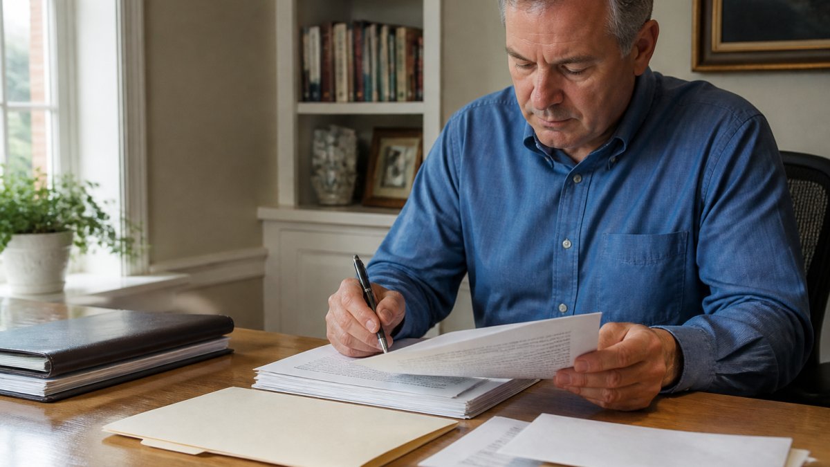 Person at a desk reviewing estate documents and forms with a pen and folder visible, preparing to file paperwork in a home office setting with natural window lighting