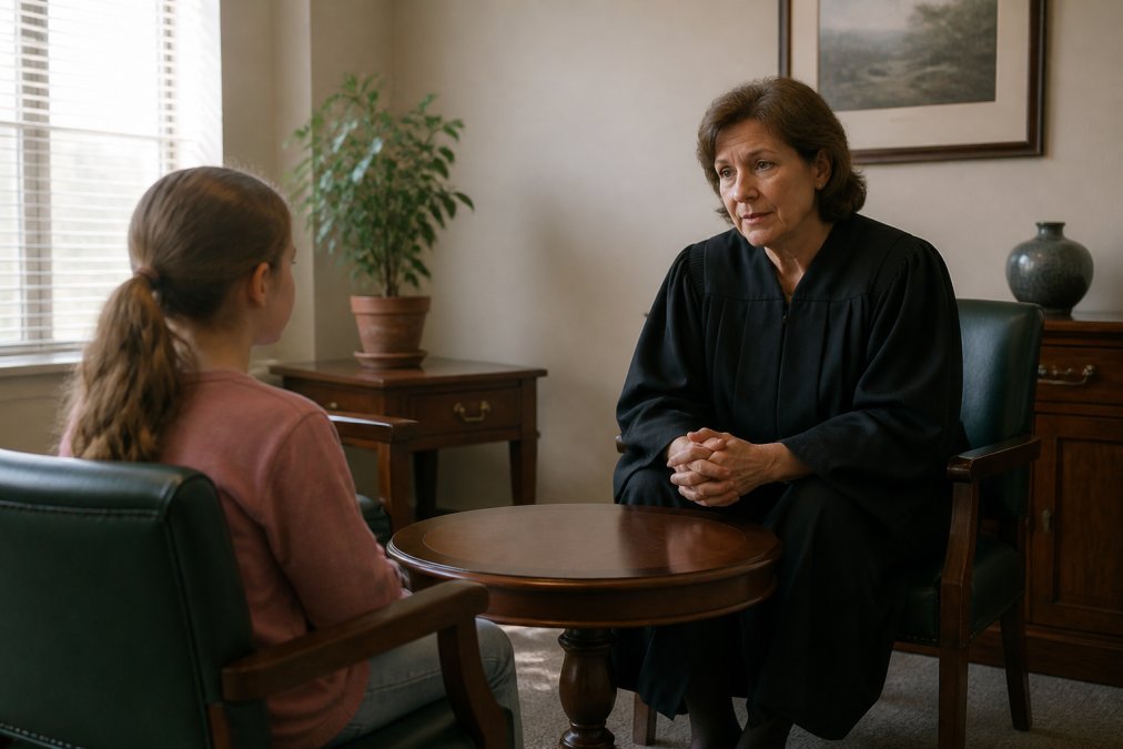 Professional family law judge conducting a private interview with a young person in a calm, neutral chambers office with soft natural lighting and minimal intimidating furniture, creating a safe confidential environment