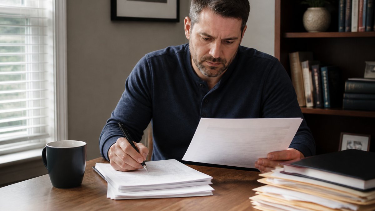 Parent sitting at a desk with legal documents, a pen, and a cup of coffee, reviewing paperwork with a focused expression in natural office lighting