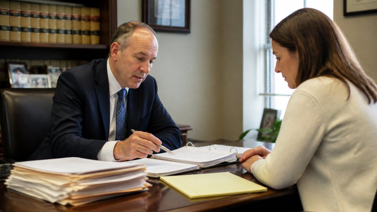 Professional family law attorney meeting with parent at desk in law office, reviewing custody documents and case files with natural office lighting